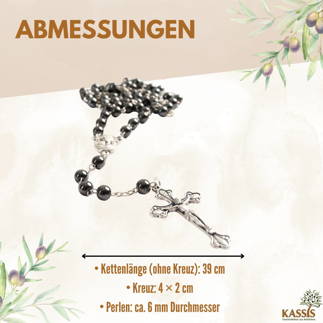 Rosary with Round Hematite Beads (42 cm) | Prayer Beads with Cross—A Gift for Baptism, First Communion, and Confirmation