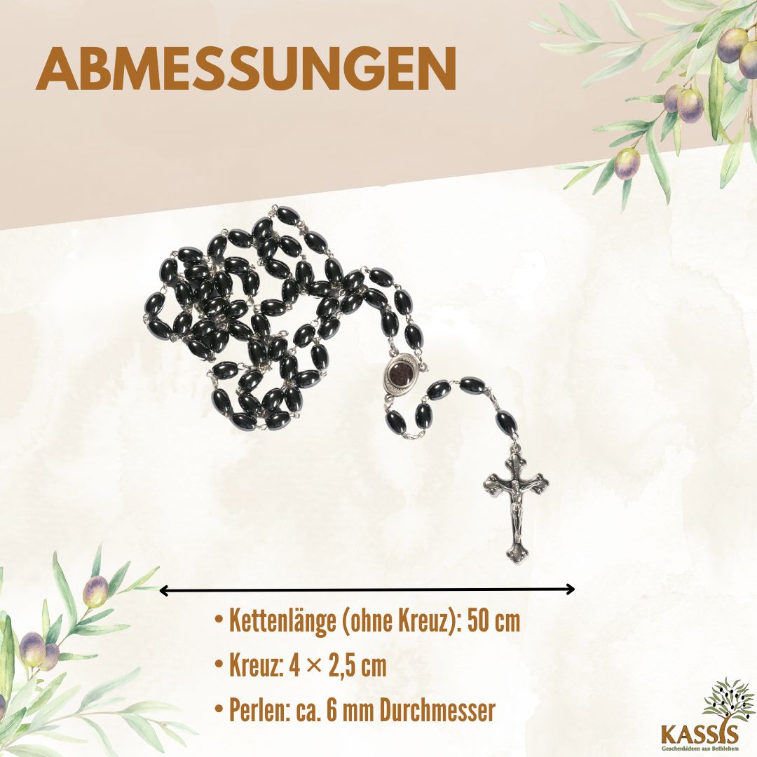 Rosary with Oval Hematite Beads (53 cm) | Prayer Beads with Metal Cross, Gift for Baptism, First Communion, and Confirmation