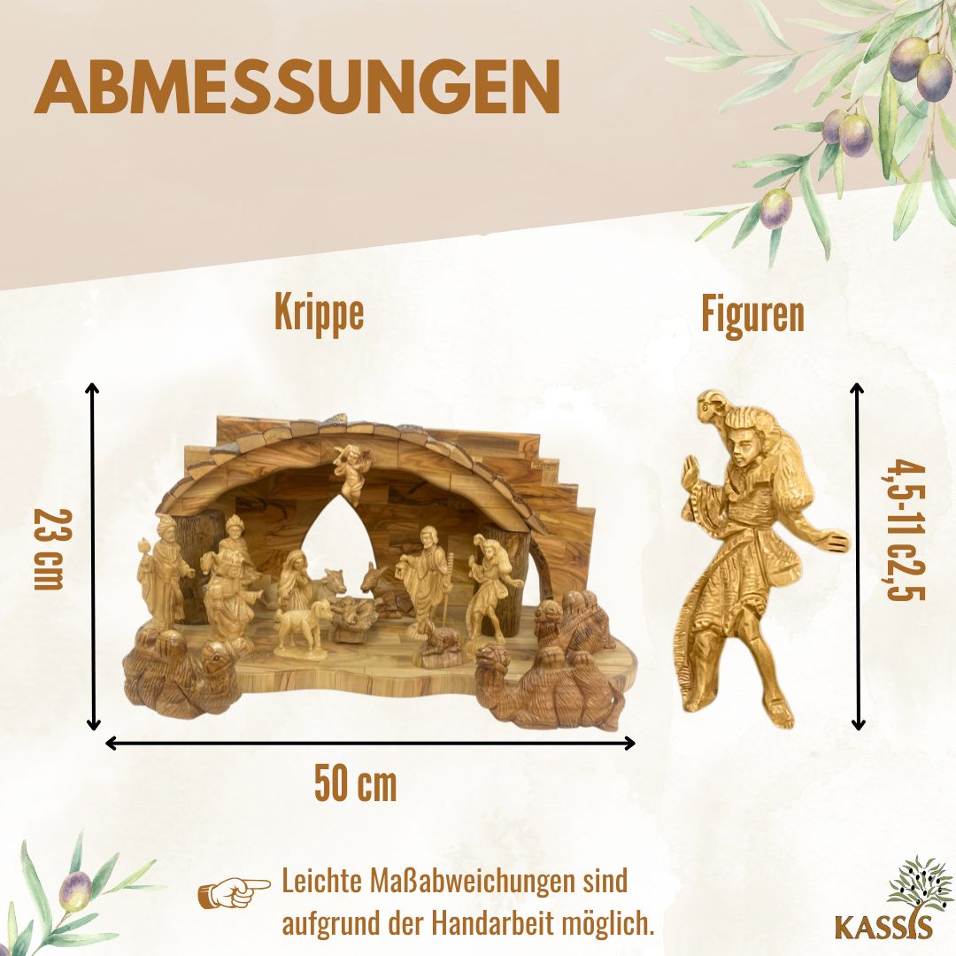 Weihnachtskrippe aus Olivenholz mit Figuren | Detailreiche Handarbeit