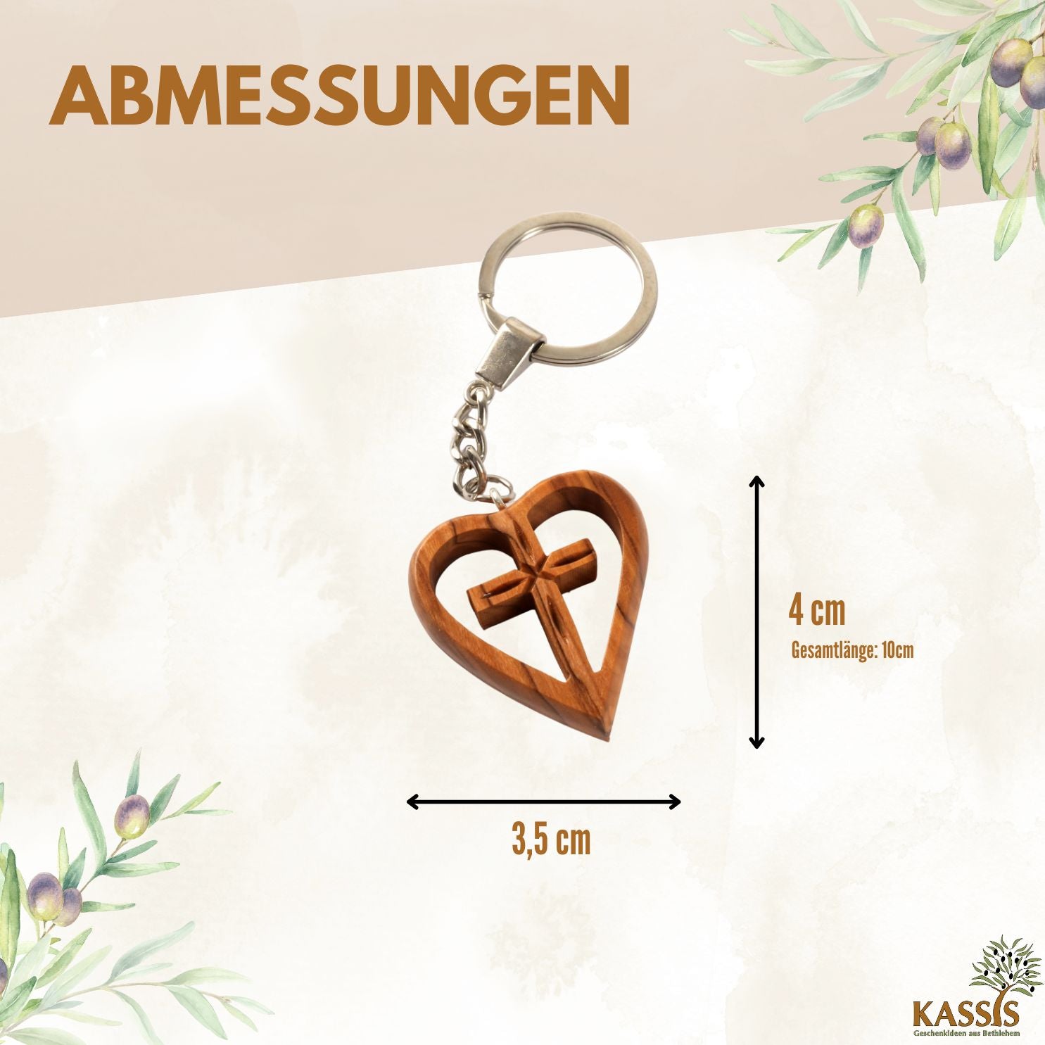 Keychain Cross in Heart Made of Olive Wood | A Lovely Good-Luck Charm as a Gift for a Baptism, First Communion, or Birthday