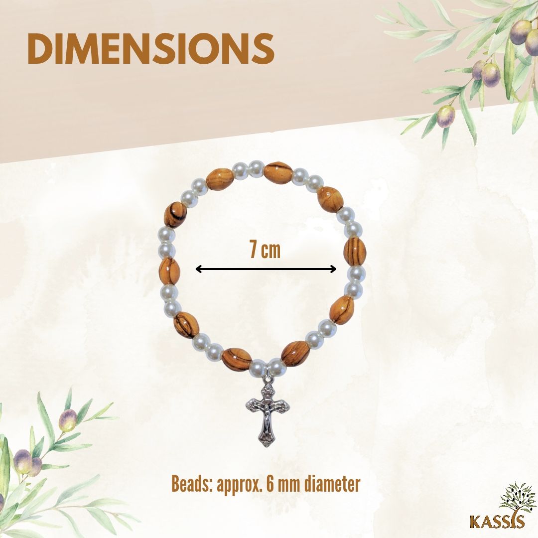 Olivenholz Armband mit Kreuz & schimmernden Perlen | Handgefertigt in Bethlehem