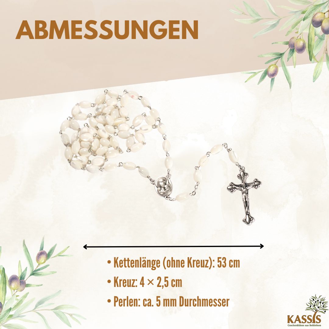 Rosary with Oval Mother-of-Pearl Beads (55 cm) | Elegant Prayer Beads with a Cross—A Perfect Gift for Baptism, First Communion, and Confirmation