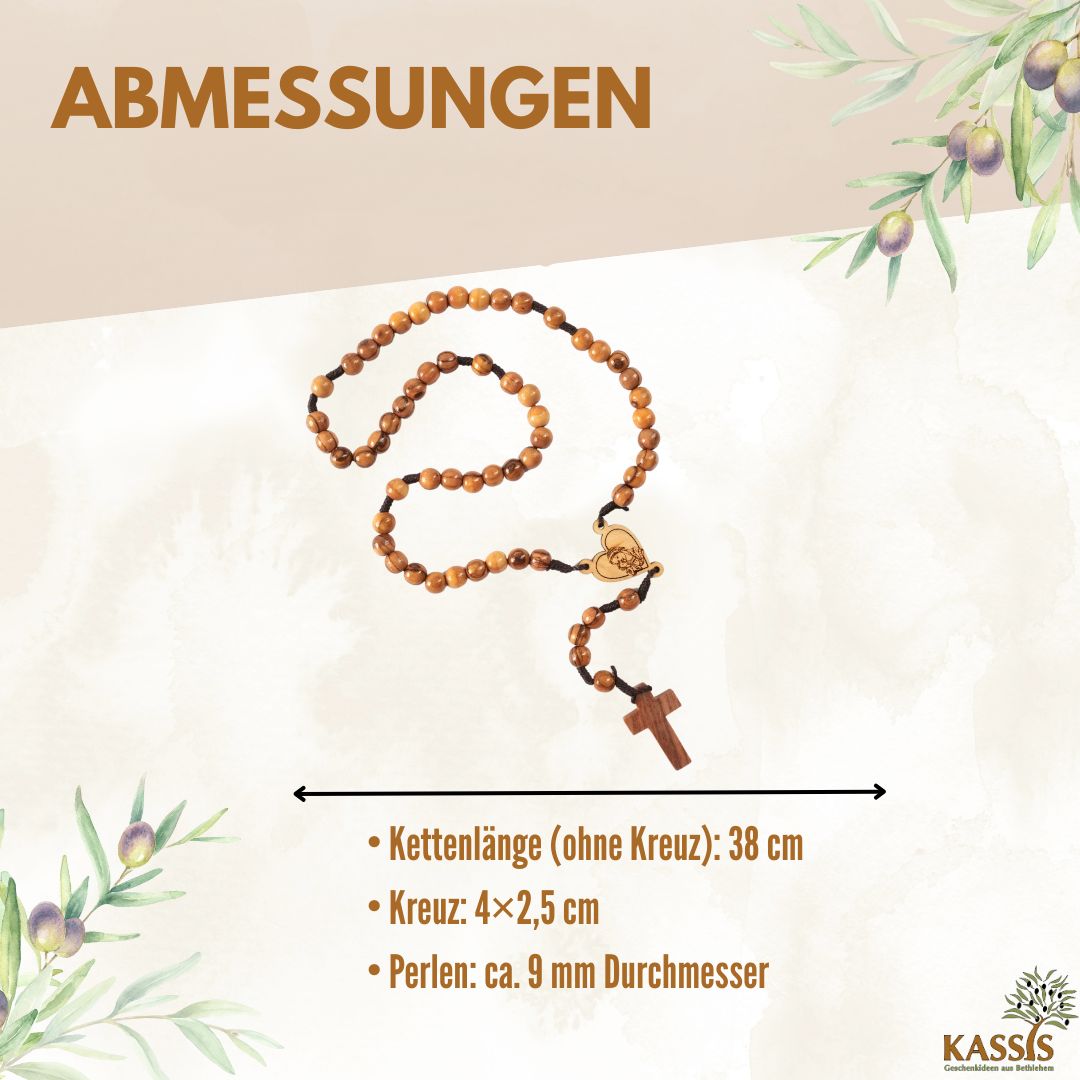 Olive Wood Rosary with Heart and Mary (42 cm) | Prayer Beads as a Gift for Baptism, First Communion, and Confirmation
