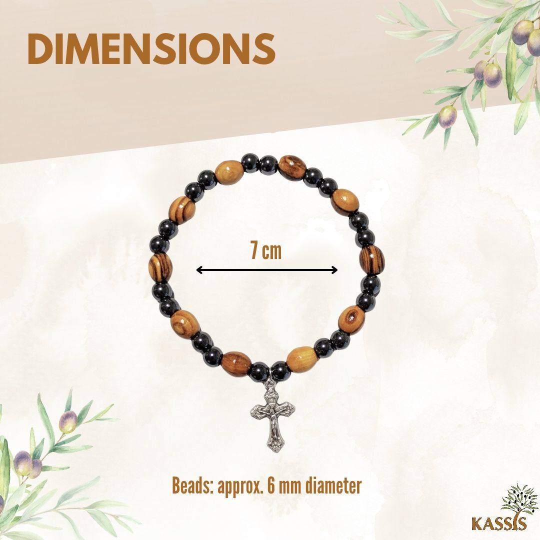 Hämatit & Olivenholz Armband mit Kreuz | Handgefertigtes Perlenarmband aus Bethlehem