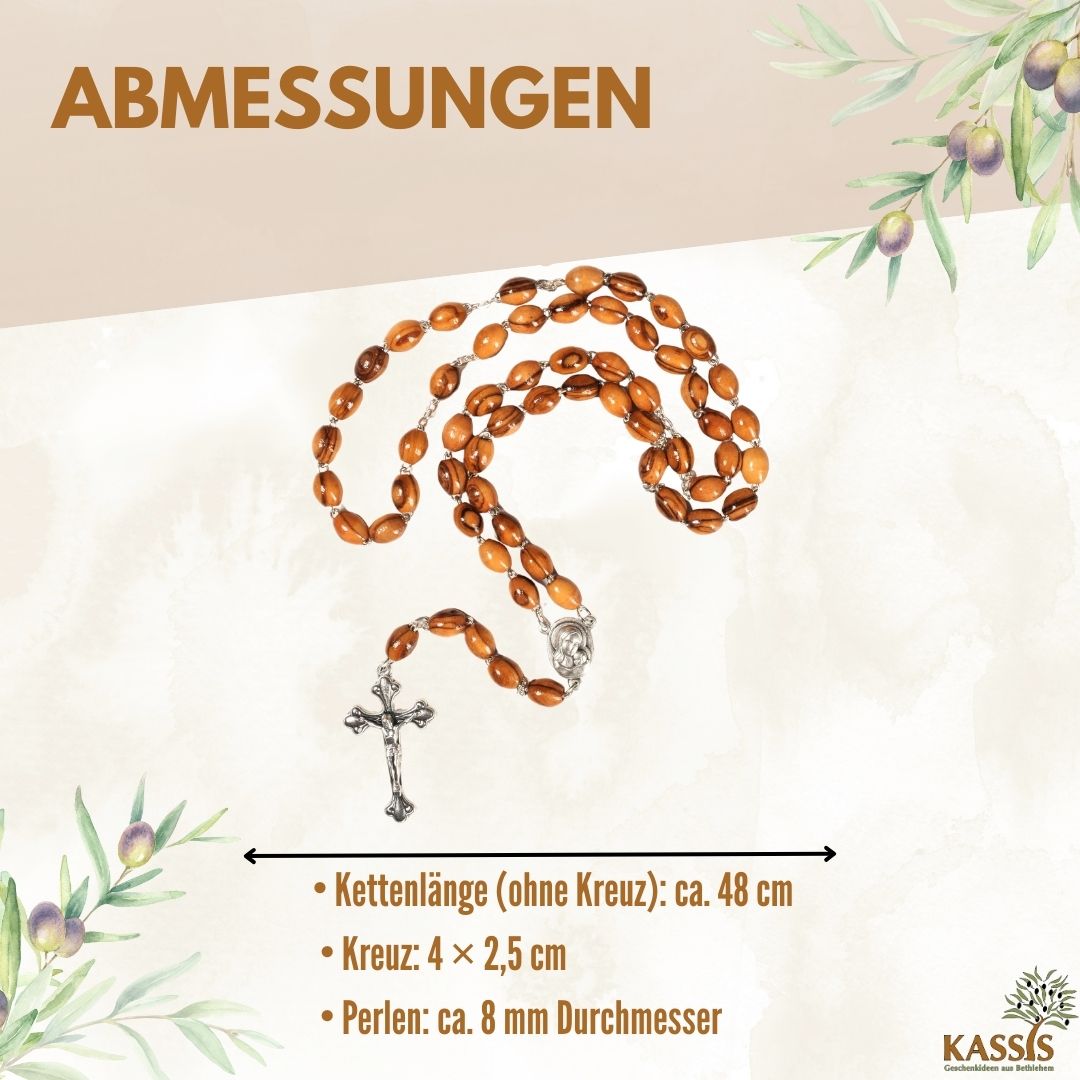 Rosary with oval olive wood beads and metal and earth elements | Prayer beads with a cross, perfect as a gift for baptism, First Communion, and Confirmation