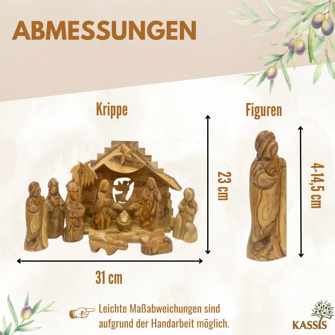 Weihnachtskrippe aus Olivenholz mit Figuren ohne Gesichter (mittelgroß)| Krippenset aus Holz