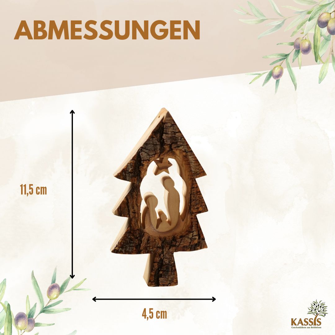 Olive Wood Nativity Scene Ornaments in a Fir Tree with Bark (Set of 3) | Tree Ornaments & Christmas Decorations for Advent and Christmas