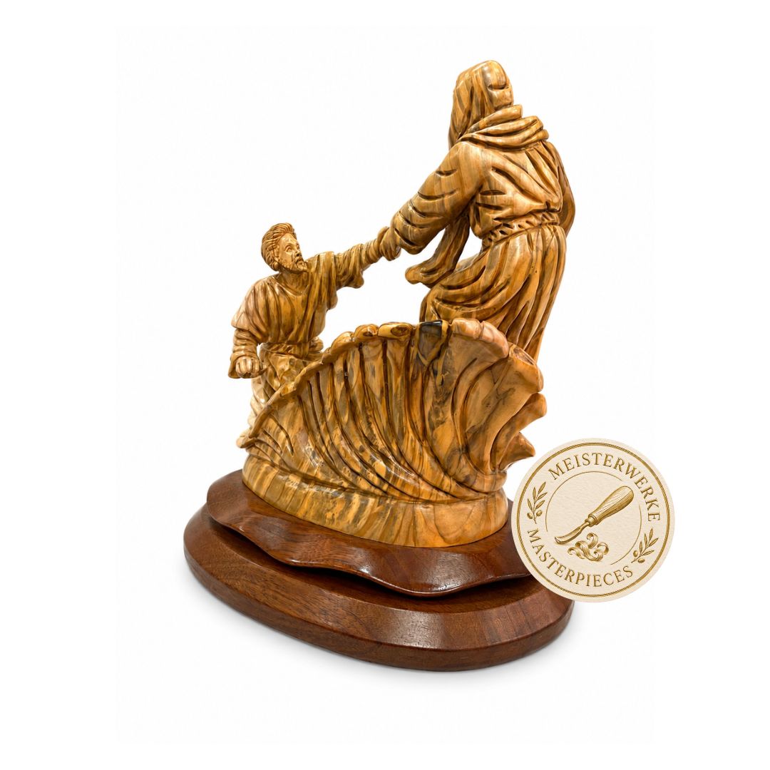 Jesus Saves Peter – Walking on Water – Handcrafted Olive Wood Sculpture from Bethlehem