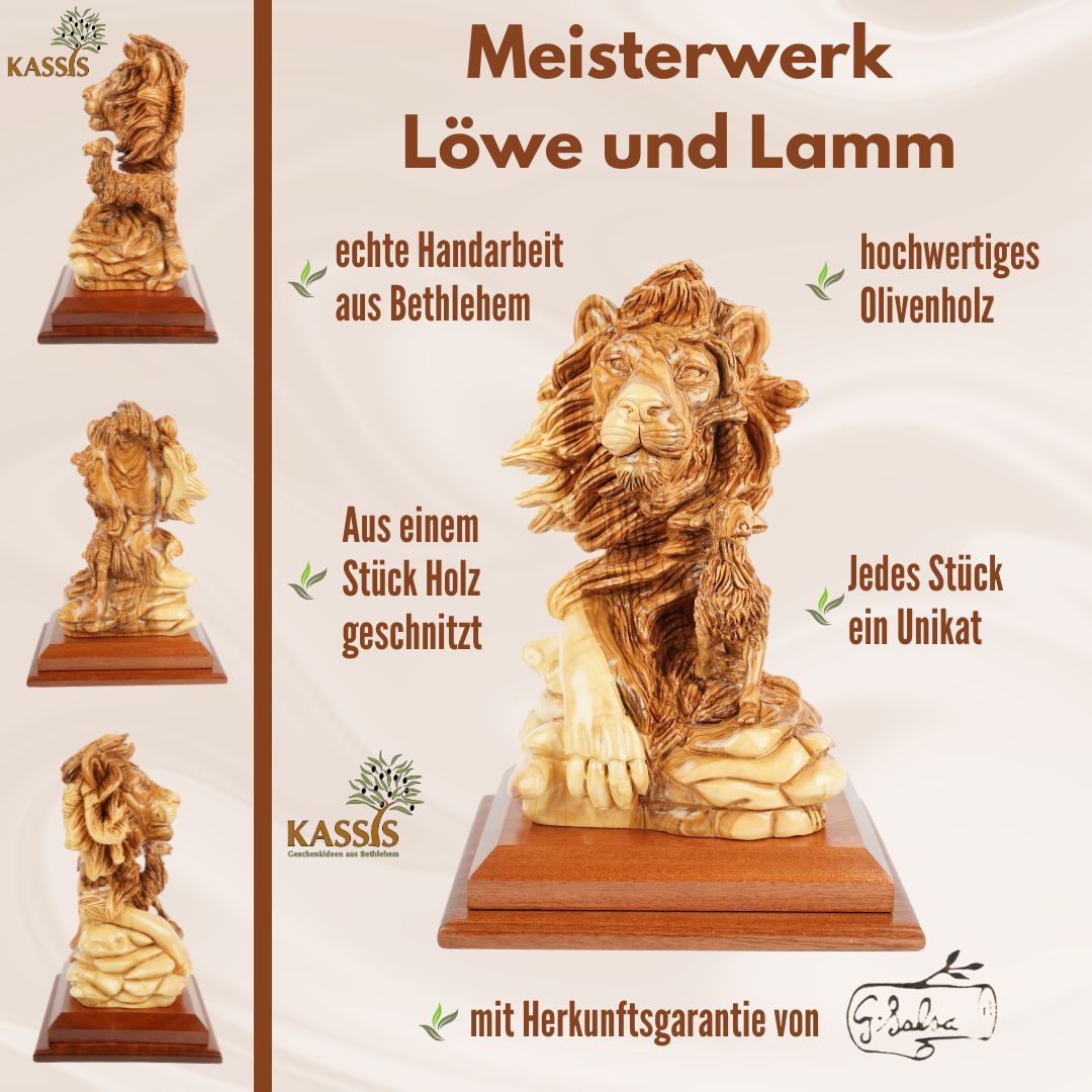 Hand-Carved Sculpture “Lion and Lamb” – Symbol of Peace Made of Olive Wood (30 cm)