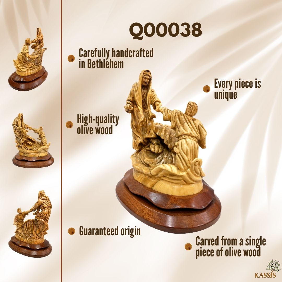 Jesus Saves Peter – Walking on Water – Handcrafted Olive Wood Sculpture from Bethlehem