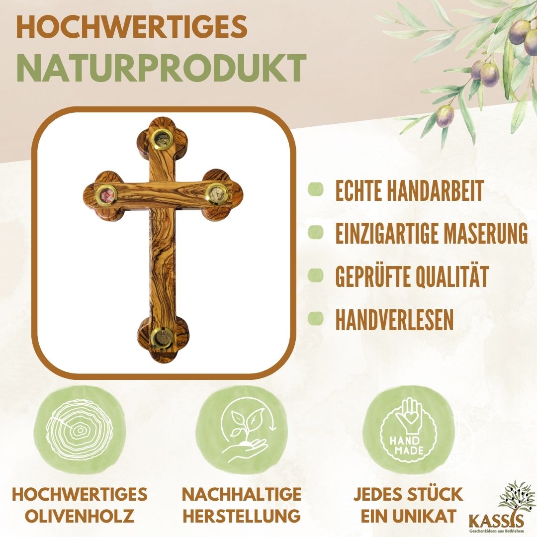 Olive Wood Cross with Bethlehem Inlays 28 × 18.5 cm | Earth, Stones, Frankincense & Olive Leaves