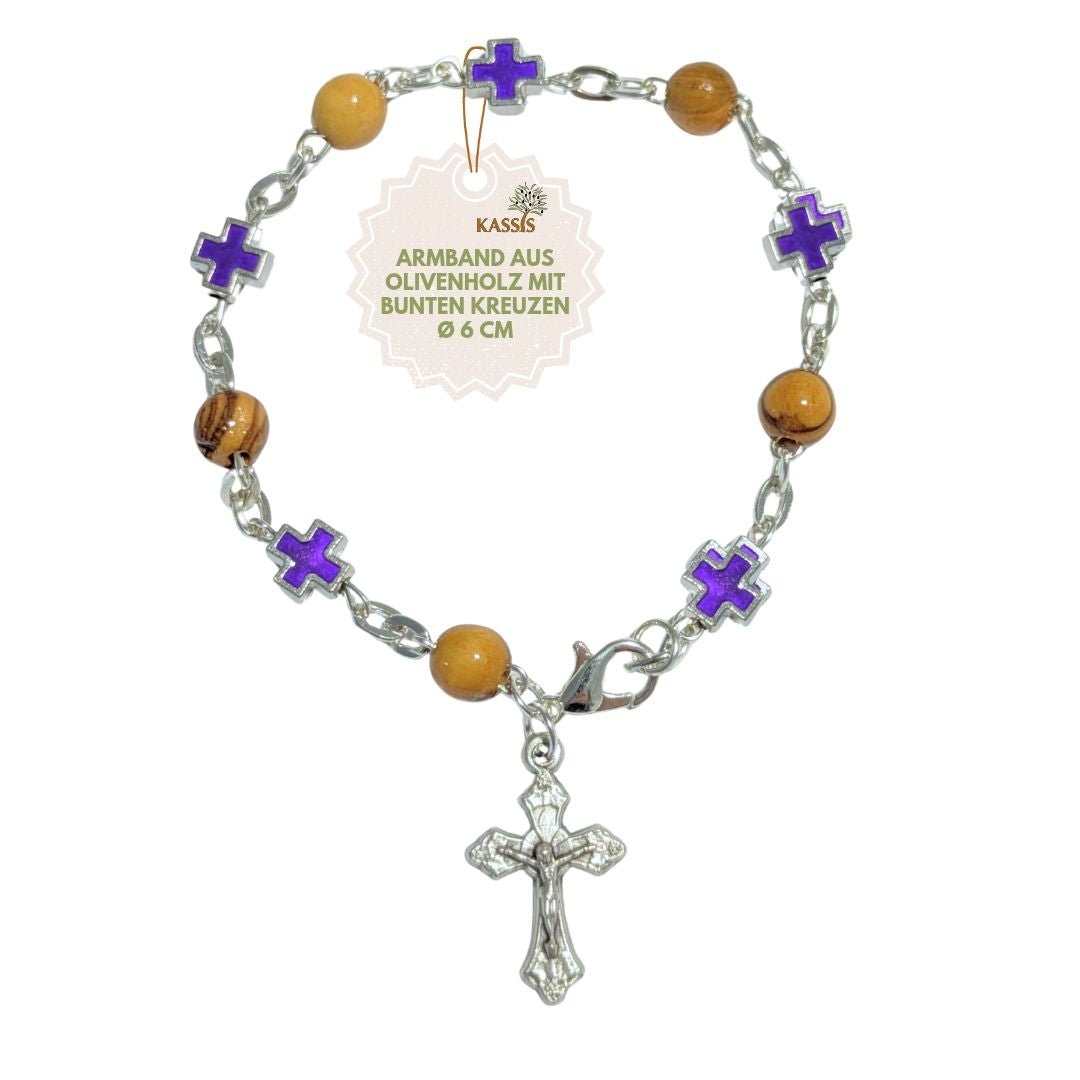 Olivenholz Armband mit farbigen Kreuzen | Handgefertigt in Bethlehem