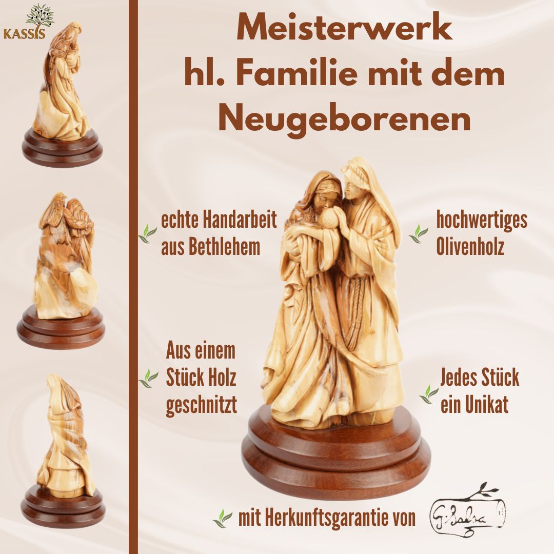 Holy Family with the Newborn – Hand-Carved Olive Wood Figure from Bethlehem (27 cm)