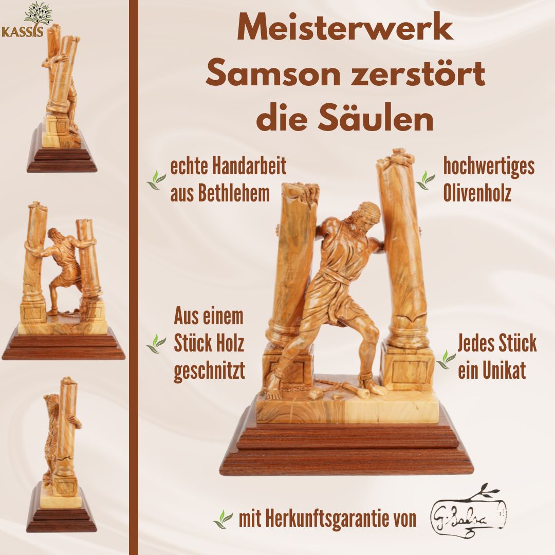 Hand-Carved Sculpture “Samson Destroys the Pillars” – Olive Wood Art from Bethlehem (28 cm)