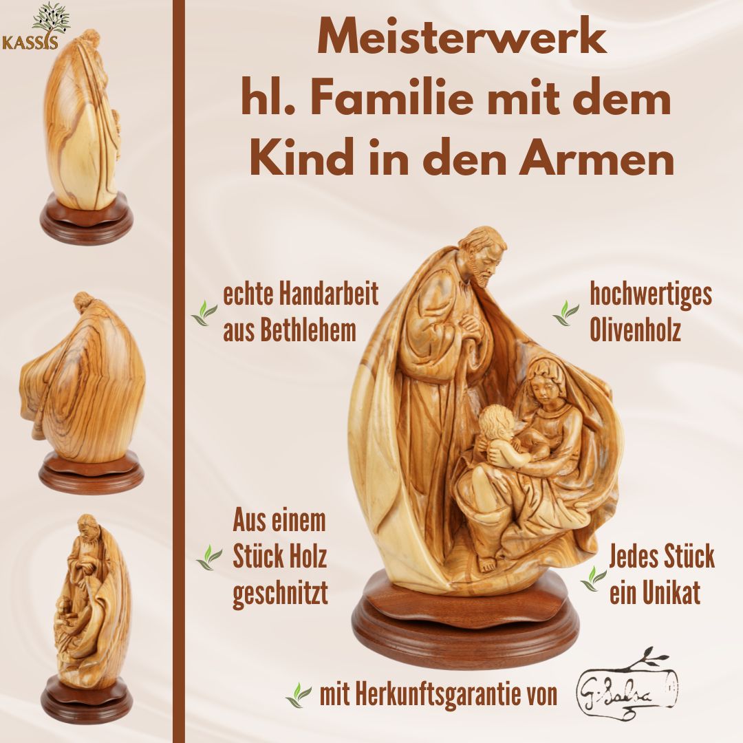 Holy Family with Child in Their Arms – Hand-Carved Olive Wood Sculpture from Bethlehem (32 cm)