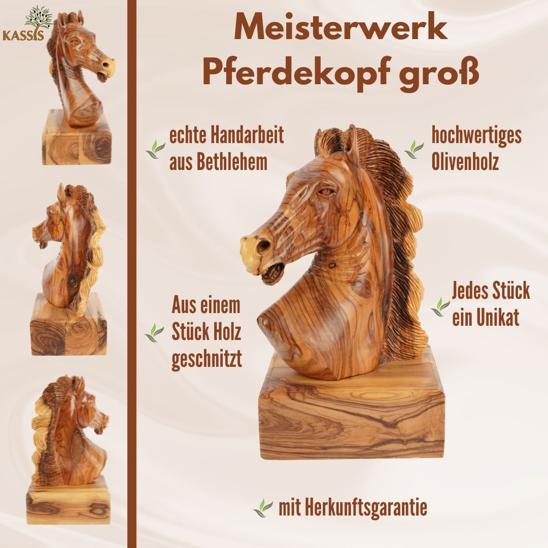 Hand-Carved Olive Wood Horsehead (large) – Exclusive Wooden Sculpture from Bethlehem (24 cm)