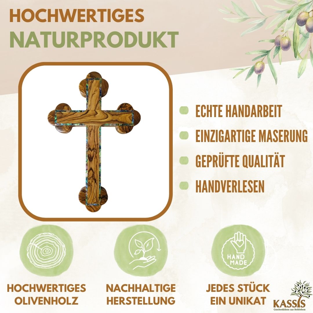 Olive Wood Cross with Mother-of-Pearl Border | Wall Cross Gift for Baptism, First Communion & Confirmation