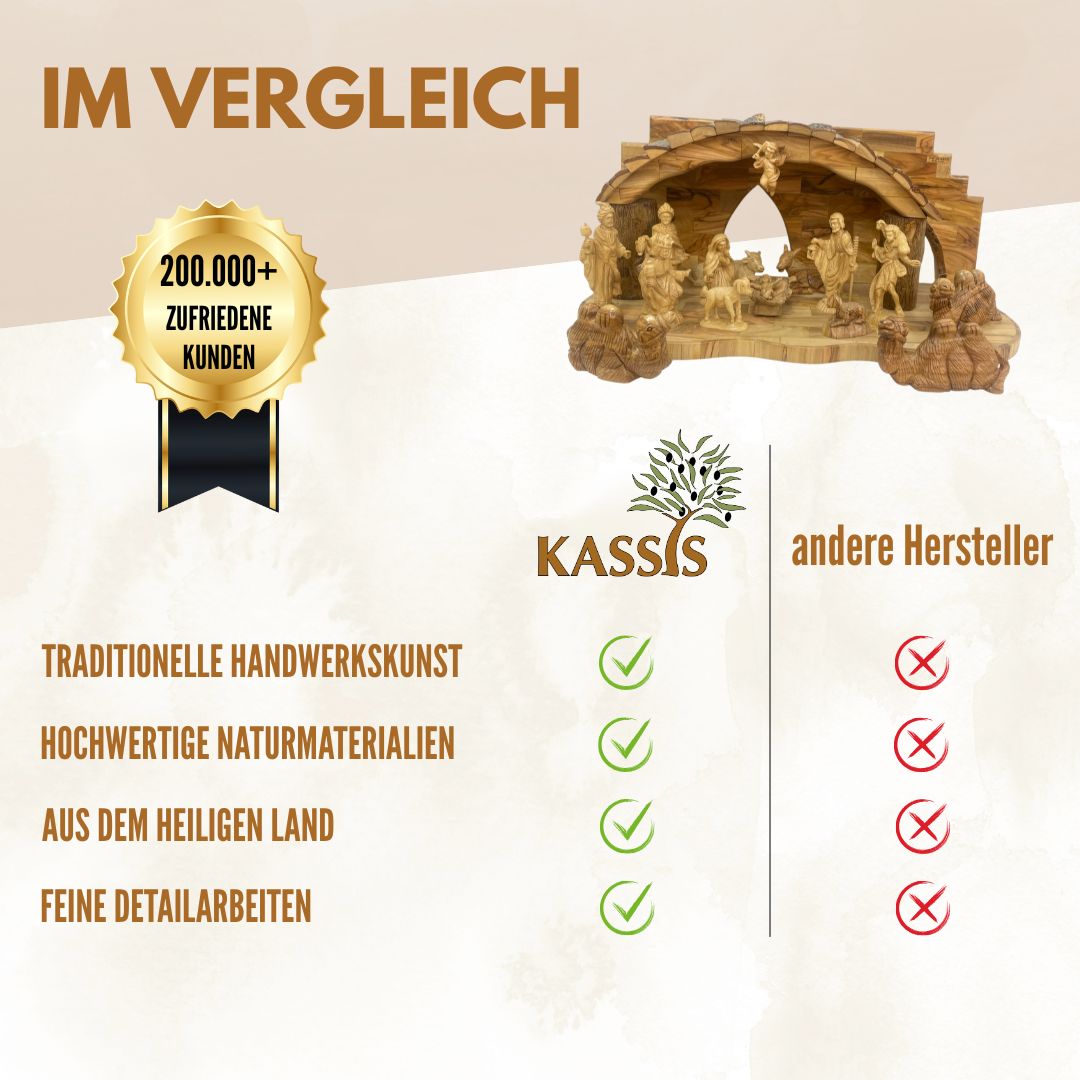 Weihnachtskrippe aus Olivenholz mit Figuren | Detailreiche Handarbeit