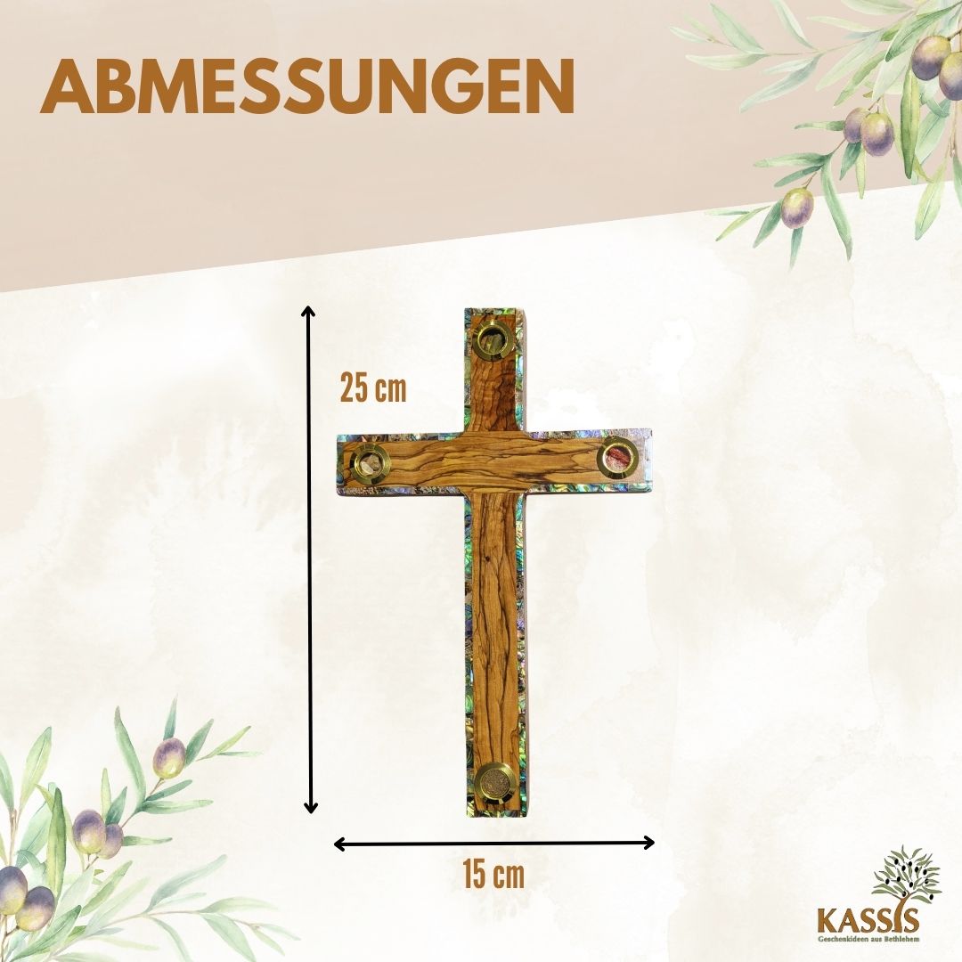Olive wood cross with inlays from Bethlehem 25 x 15 cm | Wall cross with earth, stones, frankincense & olive leaves