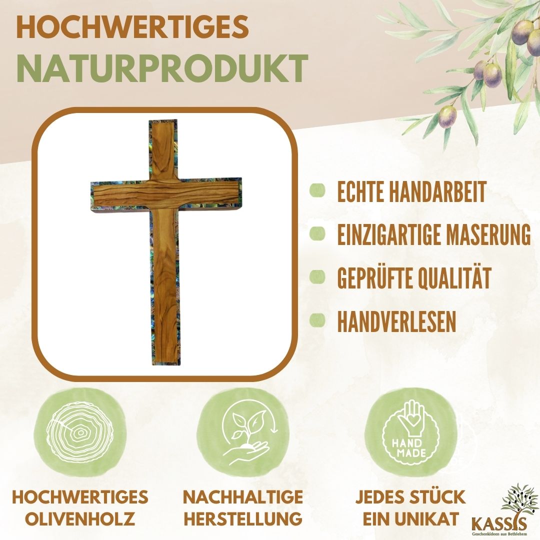 Olive Wood Cross with Mother-of-Pearl Border 25 x 15 cm | Simple Wall Cross Handcrafted in Bethlehem