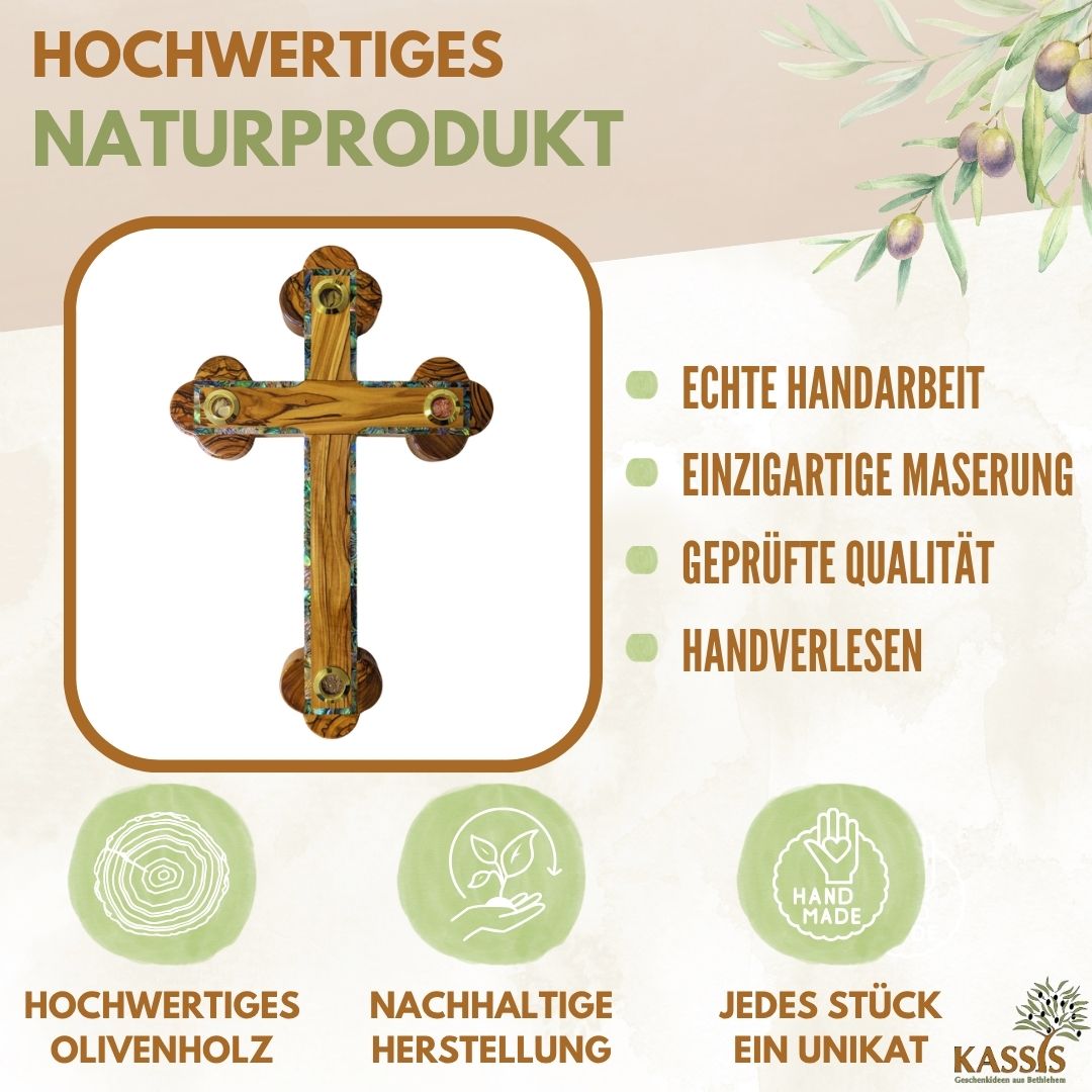 Olive Wood Cross with Mother-of-Pearl Edge & Inlays from Bethlehem 28 × 18.5 cm | Handmade from the Holy Land