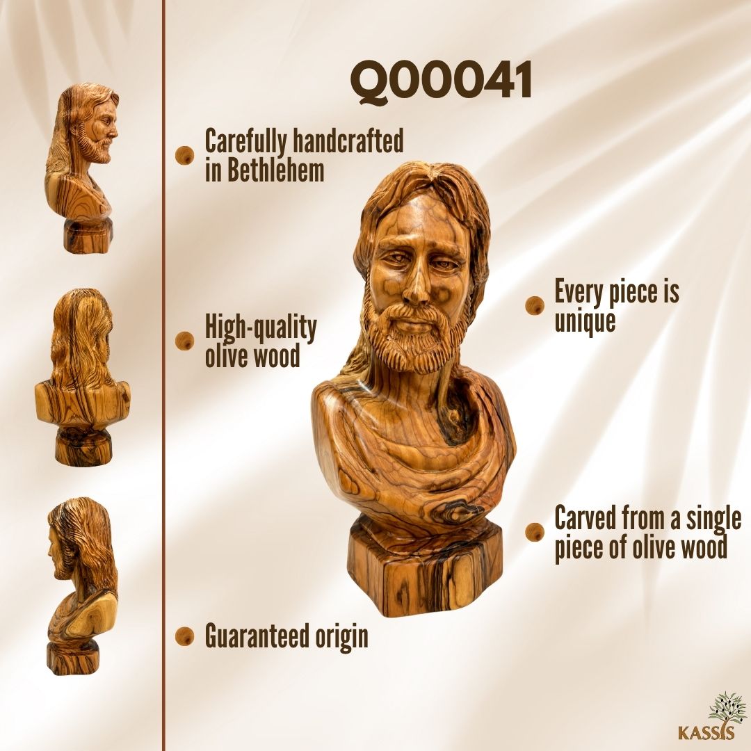 Jesus Christ Classic Portrait Bust – Handcrafted Olive Wood Sculpture from Bethlehem