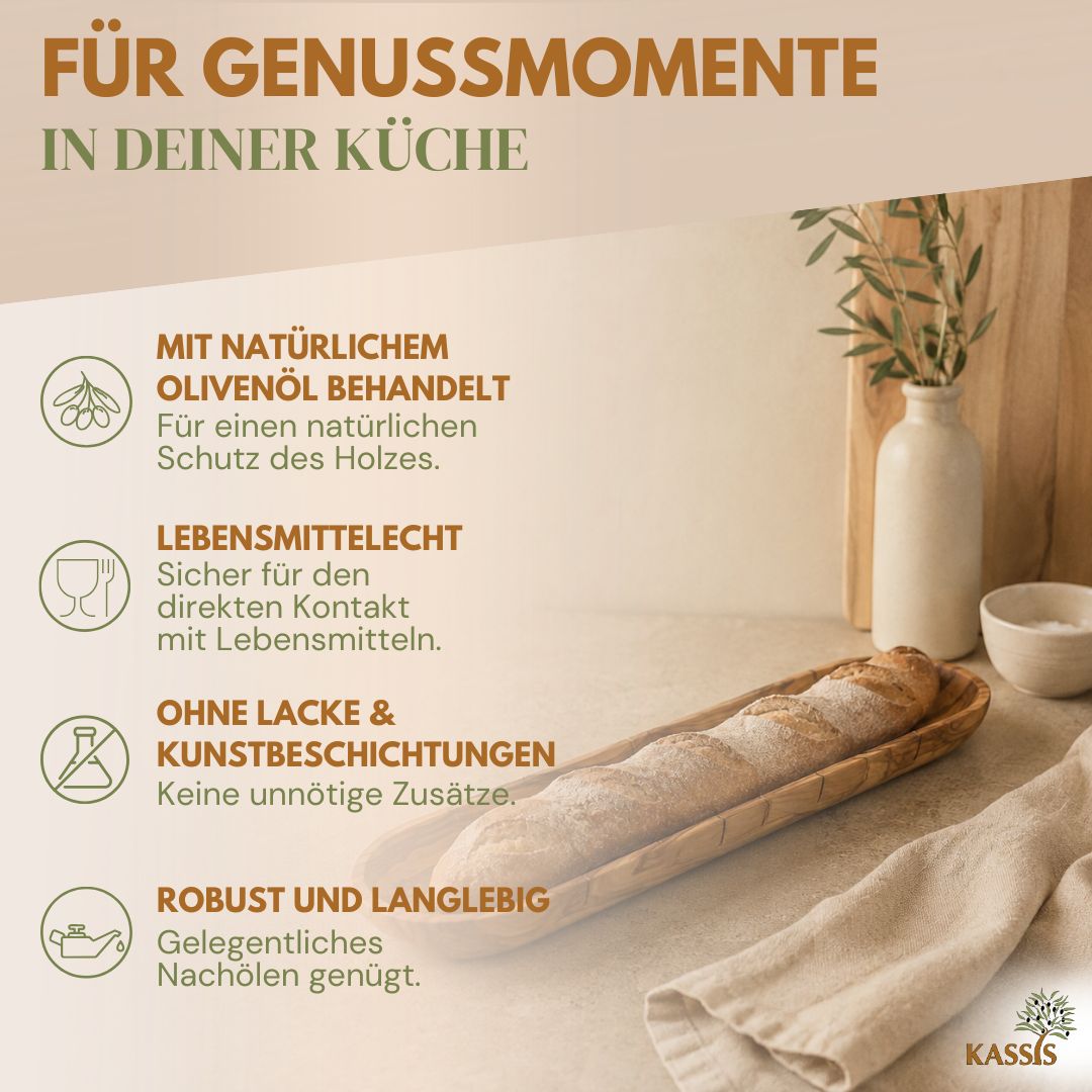Baguettebrett aus Olivenholz mit Einschnitten | Schneide- & Servierbrett für Baguette