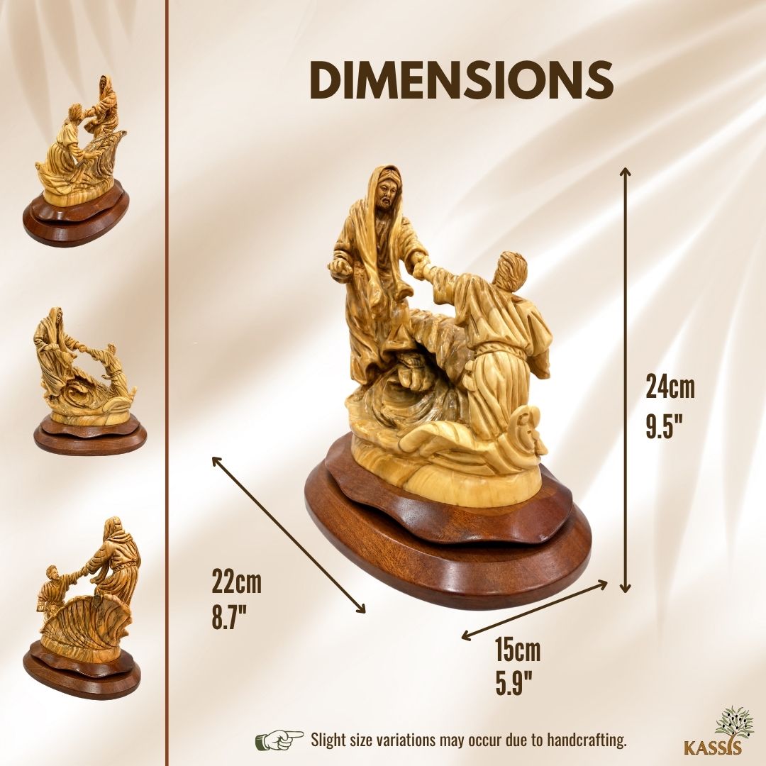 Jesus Saves Peter – Walking on Water – Handcrafted Olive Wood Sculpture from Bethlehem