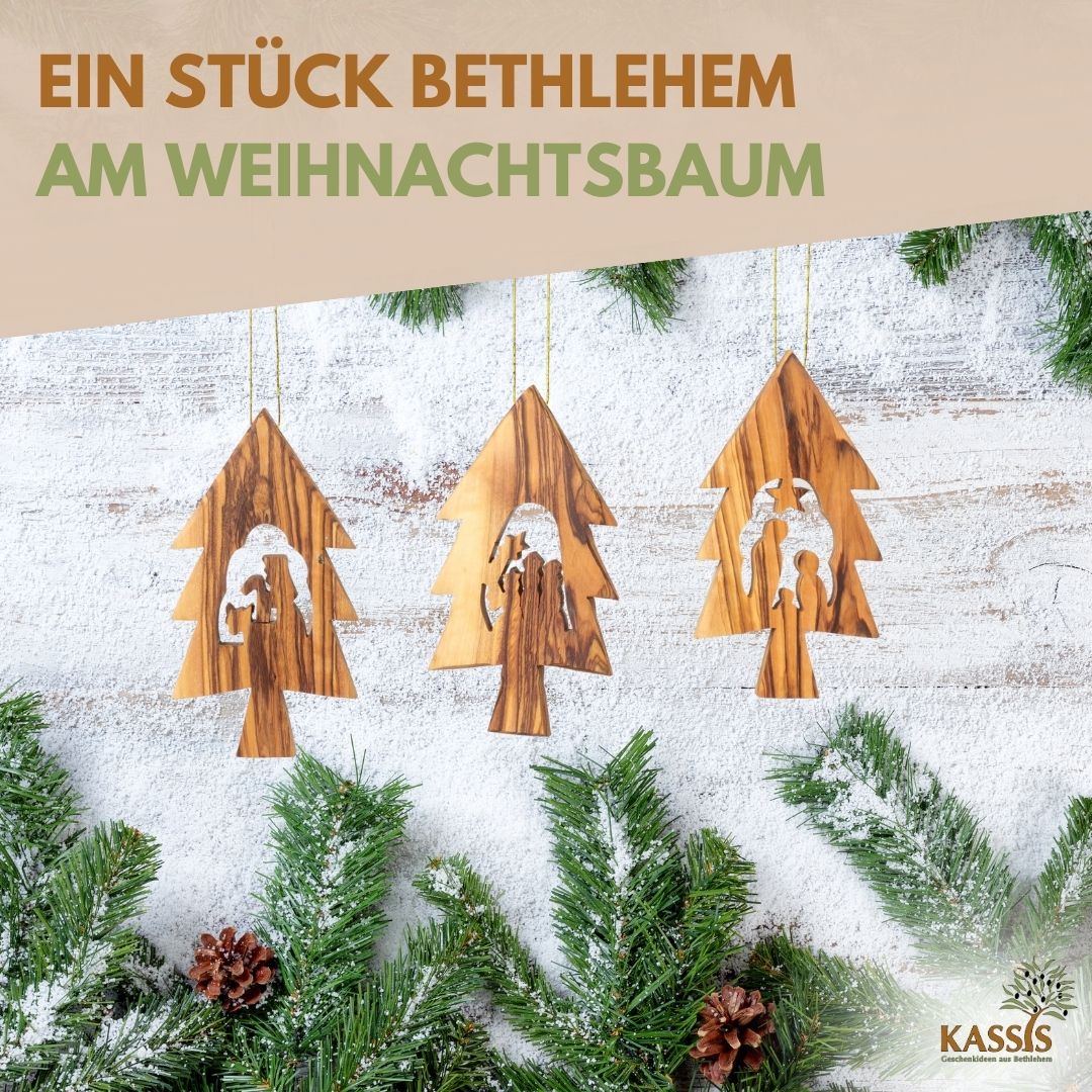 Olive Wood Nativity Scene Ornaments in a Christmas Tree, Set of 3 (without bark) | Tree Ornaments & Christmas Decorations for Advent and Christmas