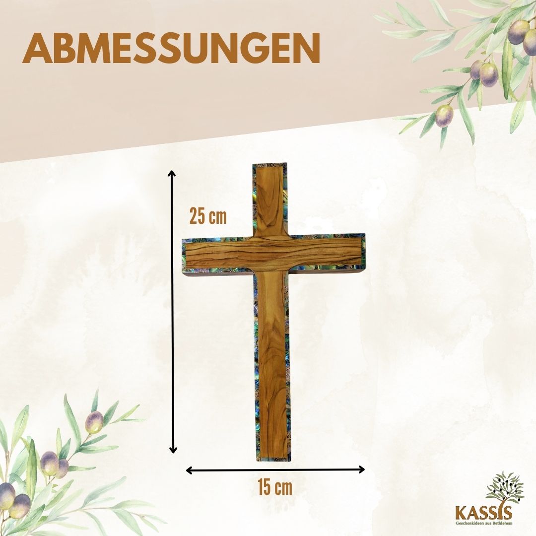 Olive Wood Cross with Mother-of-Pearl Border 25 x 15 cm | Simple Wall Cross Handcrafted in Bethlehem