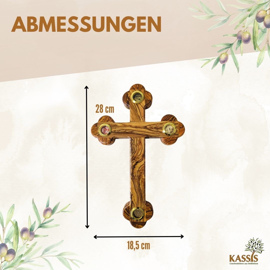 Olive Wood Cross with Bethlehem Inlays 28 × 18.5 cm | Earth, Stones, Frankincense & Olive Leaves