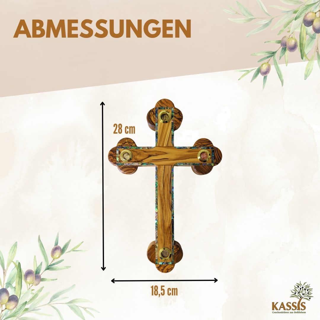 Olive Wood Cross with Mother-of-Pearl Edge & Inlays from Bethlehem 28 × 18.5 cm | Handmade from the Holy Land