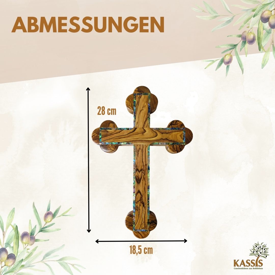 Olive Wood Cross with Mother-of-Pearl Border | Wall Cross Gift for Baptism, First Communion & Confirmation