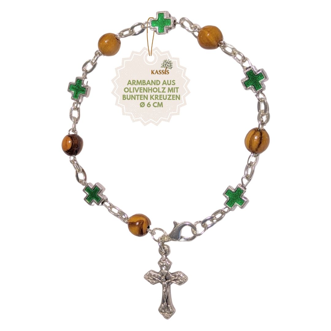 Olivenholz Armband mit farbigen Kreuzen | Handgefertigt in Bethlehem