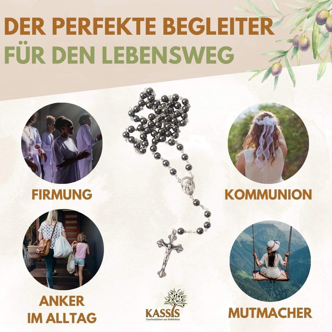 Rosary with Round Hematite Beads (42 cm) | Prayer Beads with Cross—A Gift for Baptism, First Communion, and Confirmation