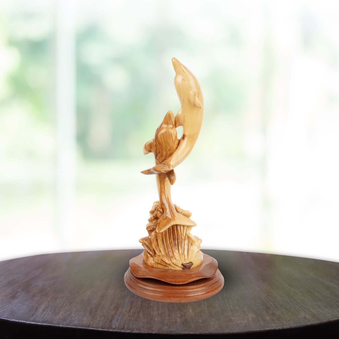 Two Olive Wood Dolphins – Hand-Carved Sculpture from Bethlehem (32 cm)