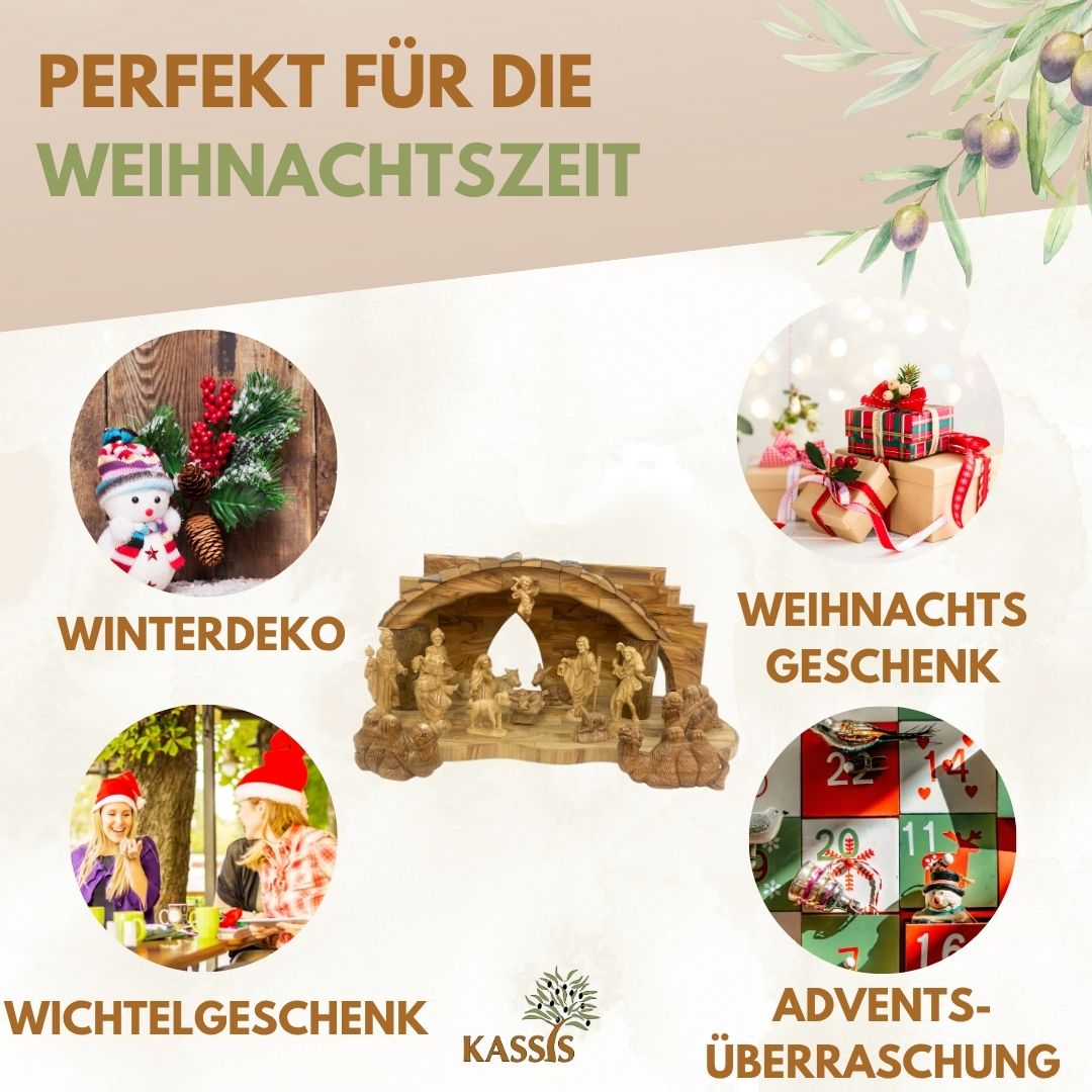 Weihnachtskrippe aus Olivenholz mit Figuren | Detailreiche Handarbeit