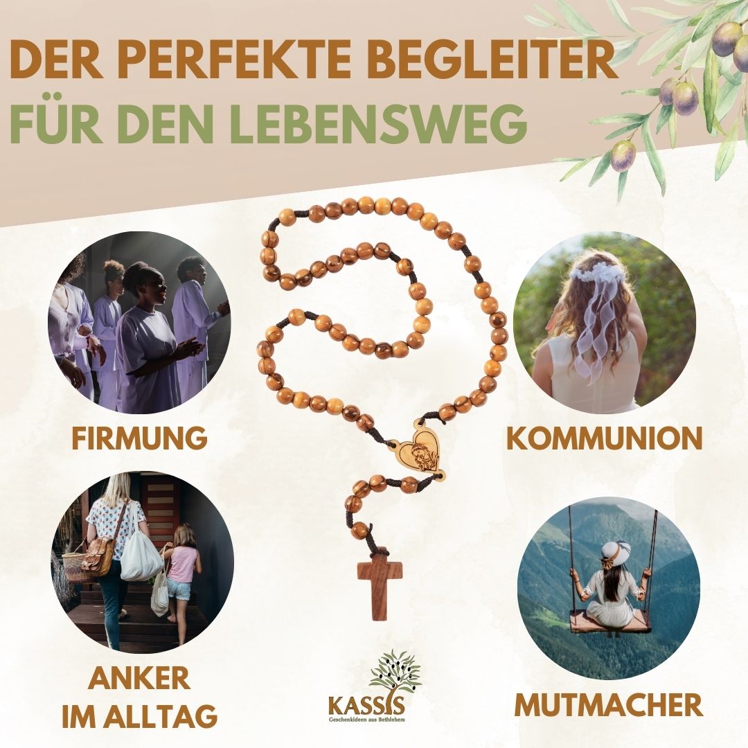 Olive Wood Rosary with Heart and Mary (42 cm) | Prayer Beads as a Gift for Baptism, First Communion, and Confirmation