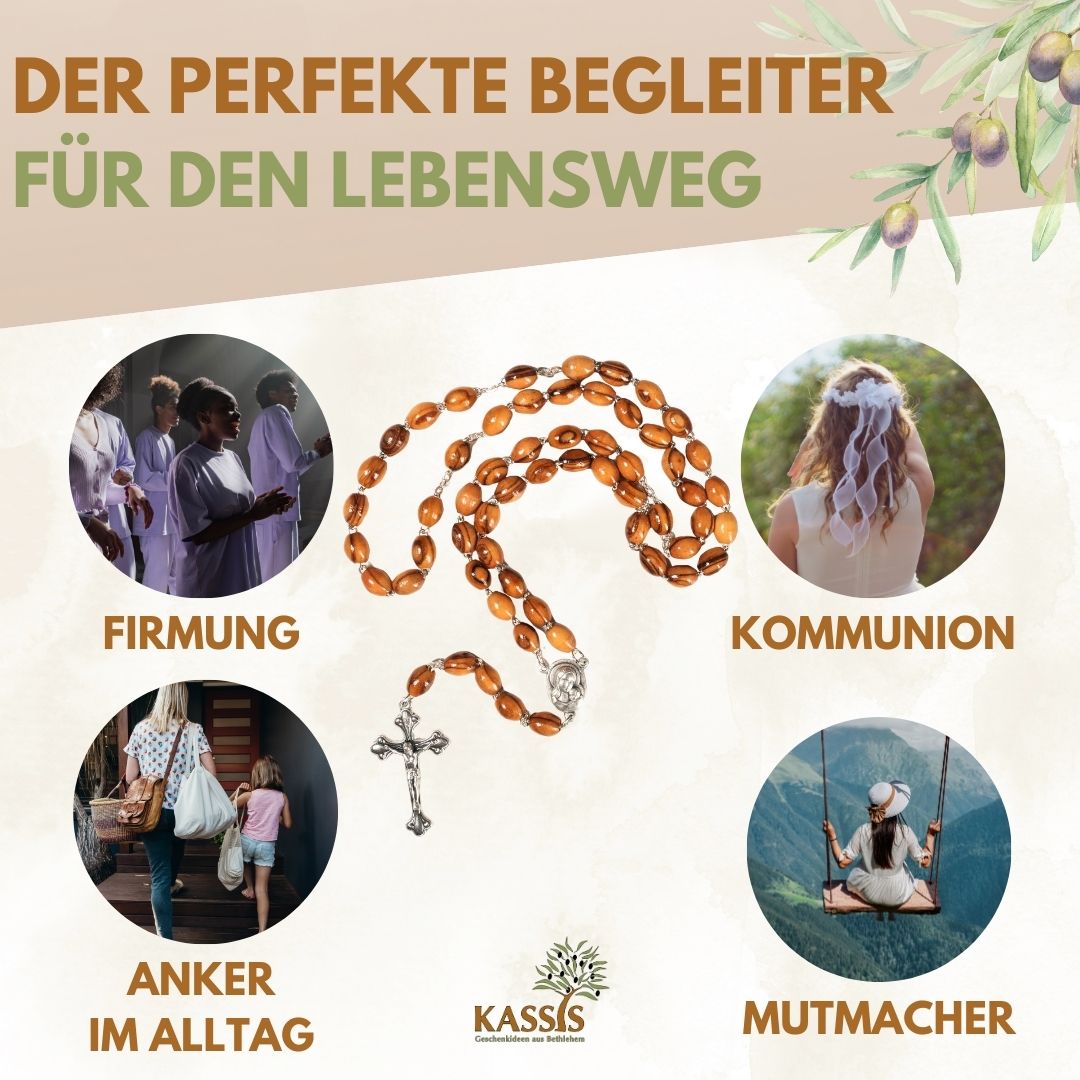 Rosary with oval olive wood beads and metal and earth elements | Prayer beads with a cross, perfect as a gift for baptism, First Communion, and Confirmation