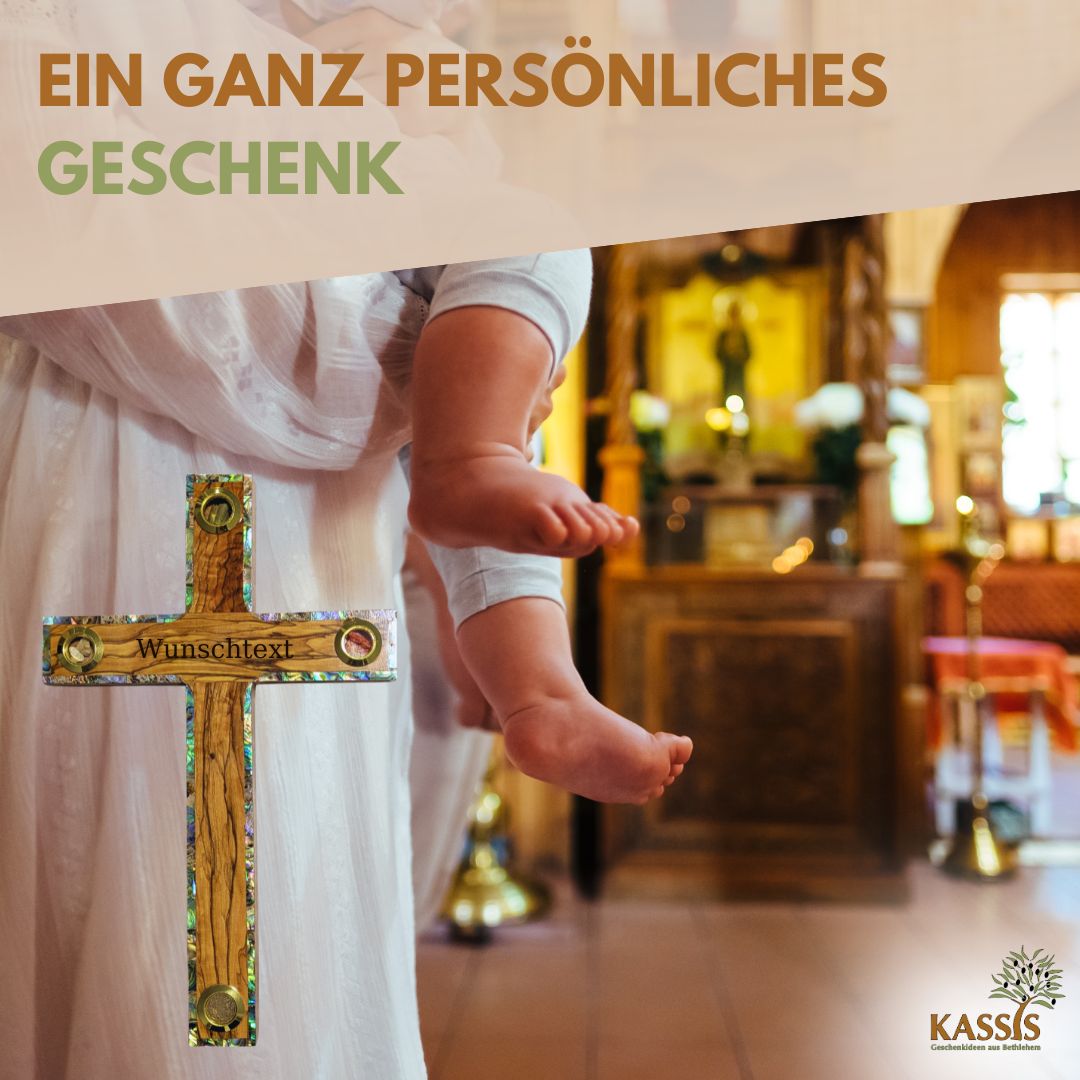 Olive wood cross with inlays from Bethlehem 25 x 15 cm | Wall cross with earth, stones, frankincense & olive leaves