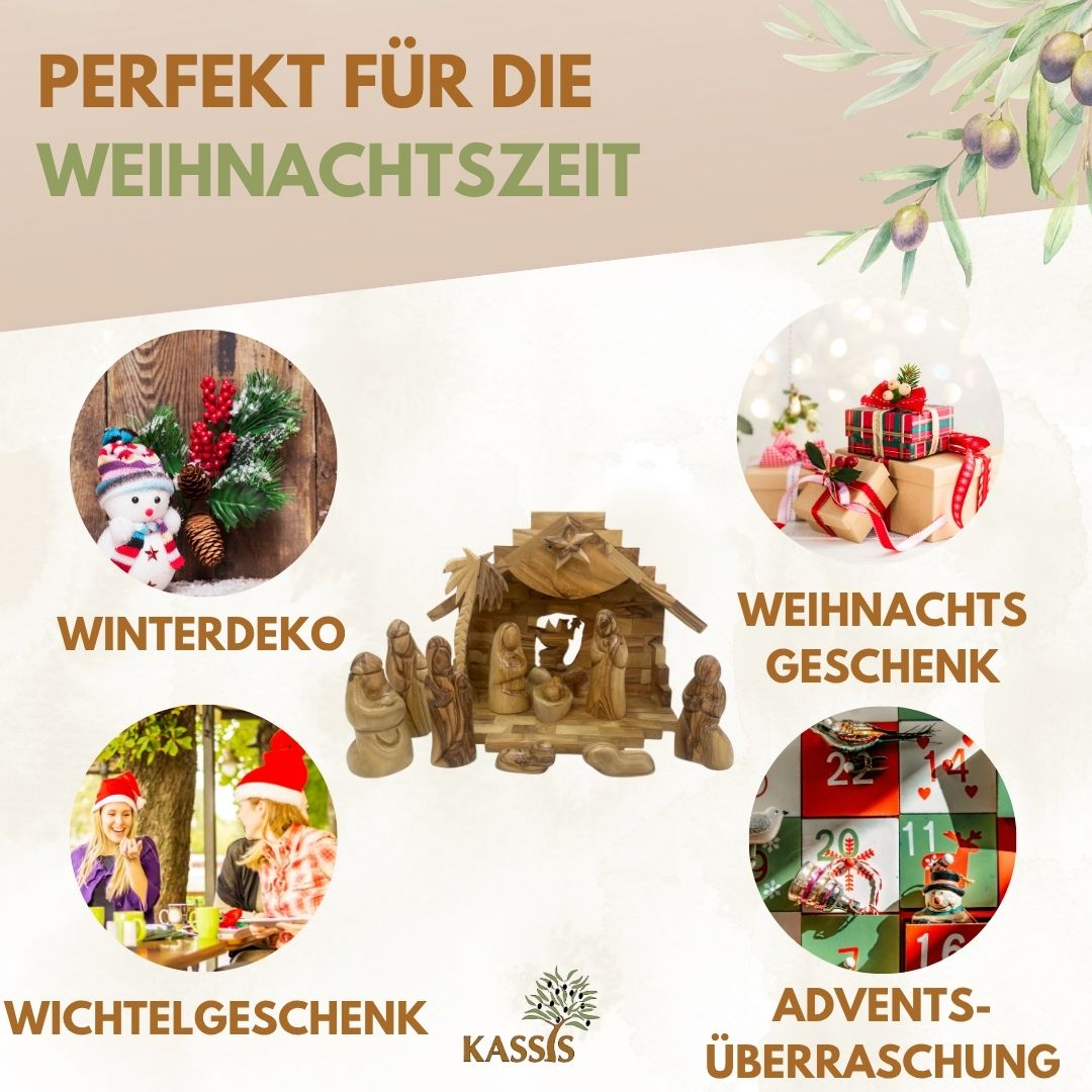 Weihnachtskrippe aus Olivenholz mit Figuren ohne Gesichter| Krippenset aus Holz