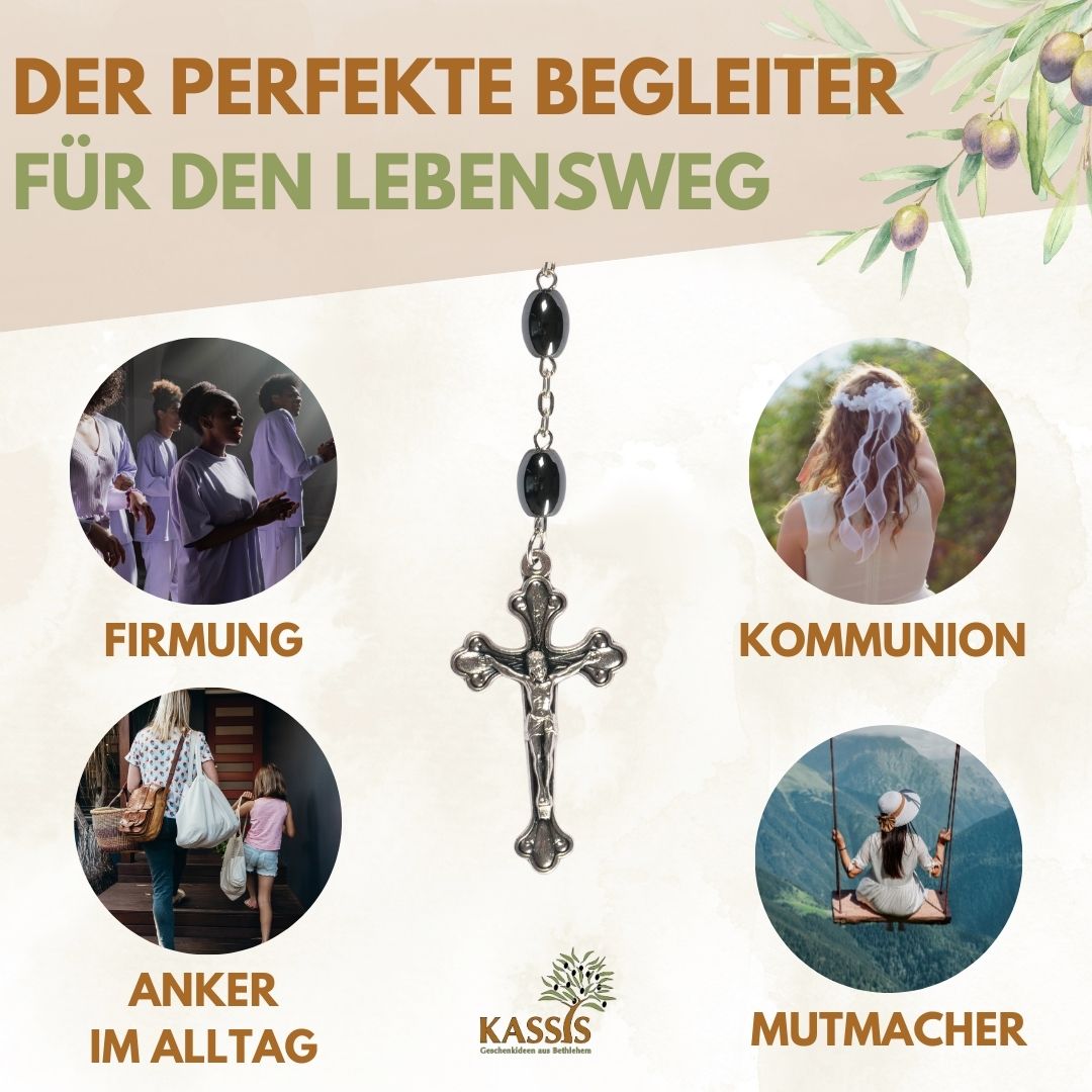 Rosary with Oval Hematite Beads (53 cm) | Prayer Beads with Metal Cross, Gift for Baptism, First Communion, and Confirmation
