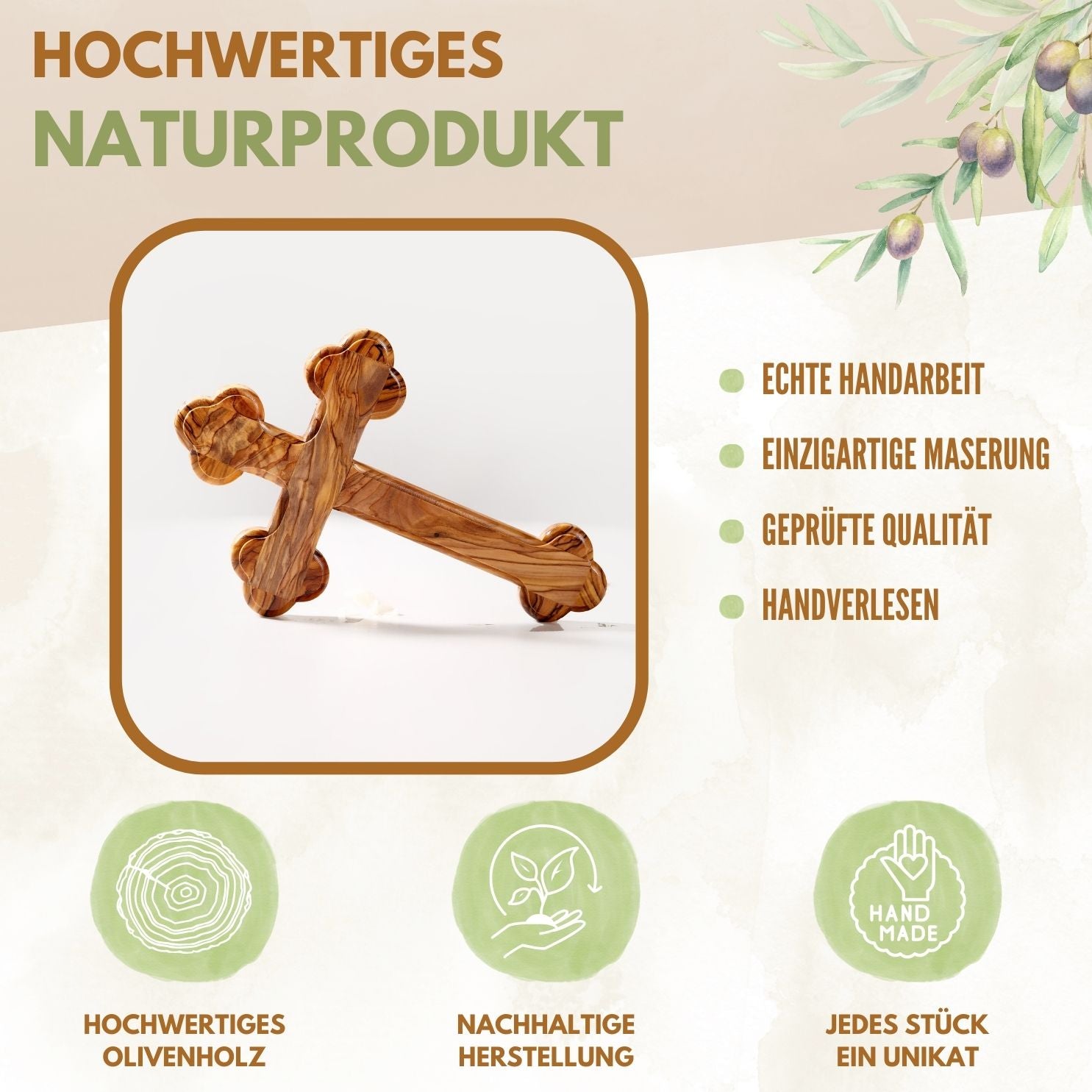 Olive Wood Cross with Rounded Edges | Wall Cross Gift for Baptism, First Communion, Confirmation
