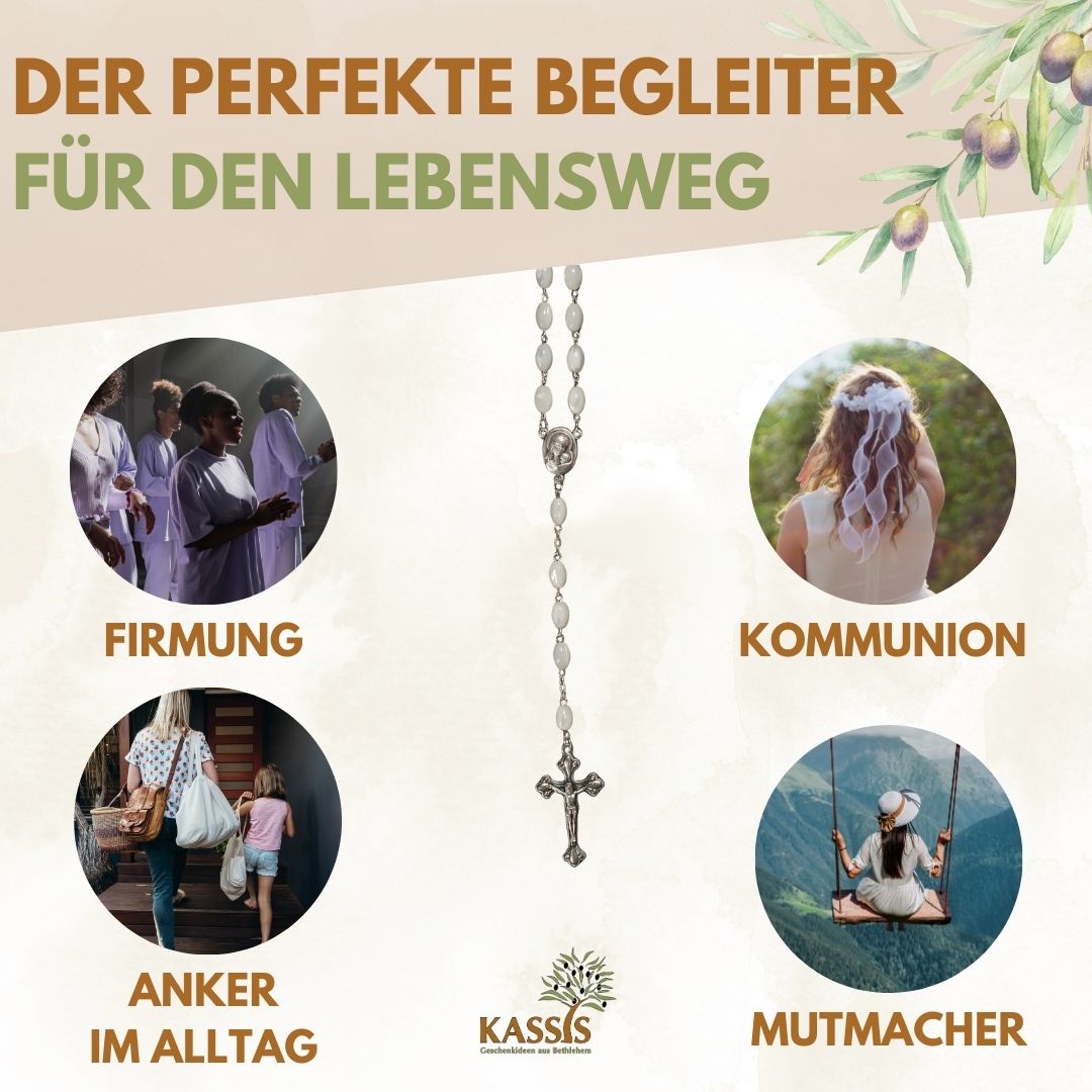 Rosary with Oval Mother-of-Pearl Beads (55 cm) | Elegant Prayer Beads with a Cross—A Perfect Gift for Baptism, First Communion, and Confirmation