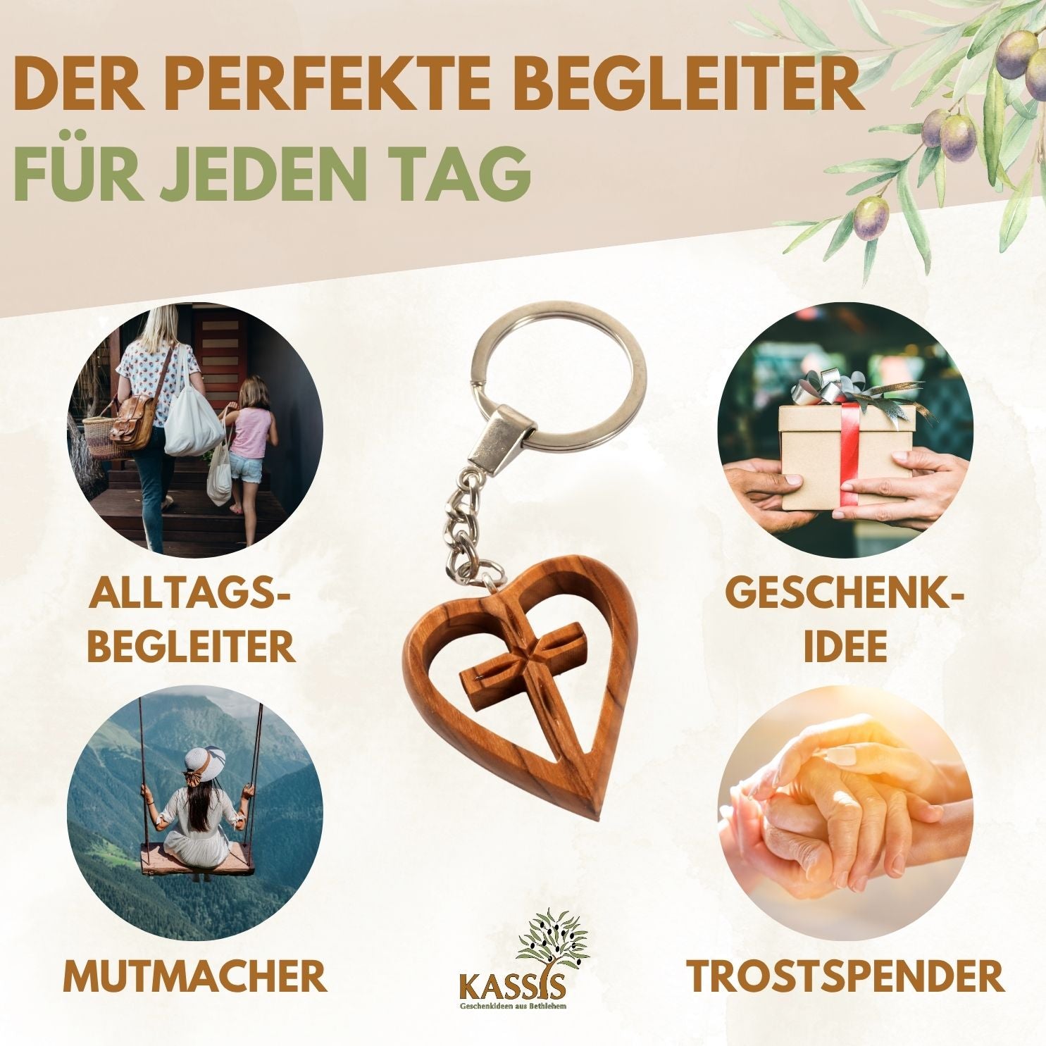 Keychain Cross in Heart Made of Olive Wood | A Lovely Good-Luck Charm as a Gift for a Baptism, First Communion, or Birthday