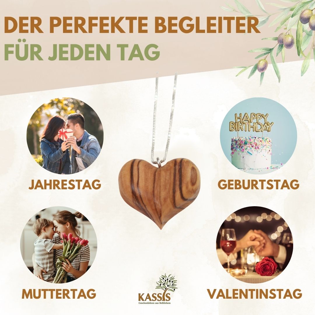 Olive Wood Heart Necklace with 925 Silver Chain | Jewelry Gift for Women, Valentine's Day, Birthday