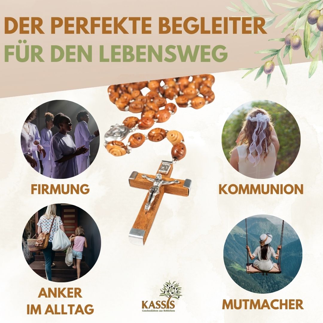 Olive Wood Rosary with Decorated Beads (50 cm) | Prayer Beads with Cross—A Gift for Baptism, First Communion, and Confirmation