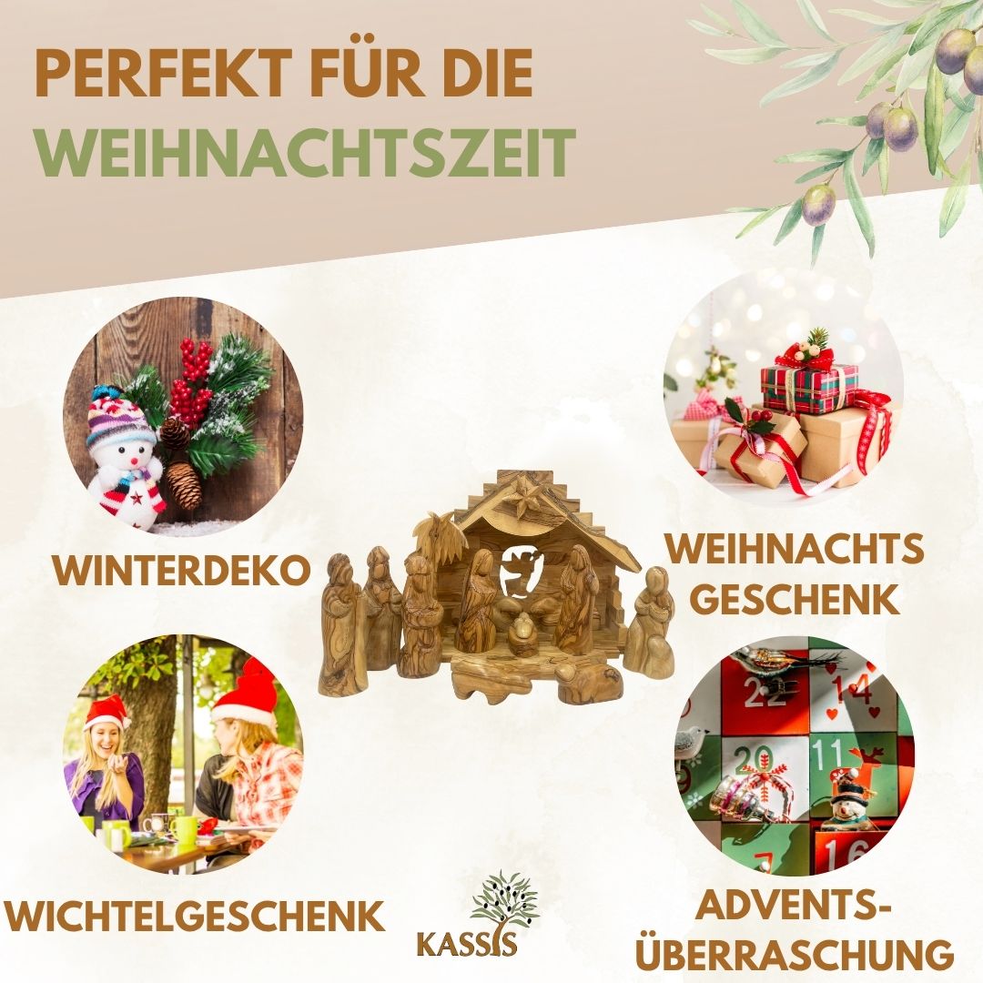 Weihnachtskrippe aus Olivenholz mit Figuren ohne Gesichter (mittelgroß)| Krippenset aus Holz