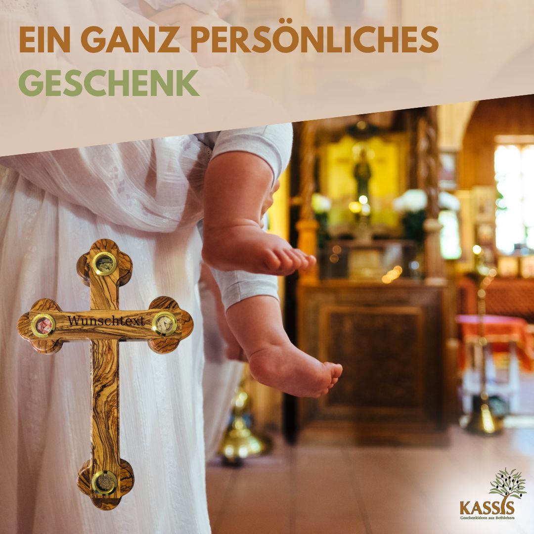 Olive Wood Cross with Bethlehem Inlays 28 × 18.5 cm | Earth, Stones, Frankincense & Olive Leaves