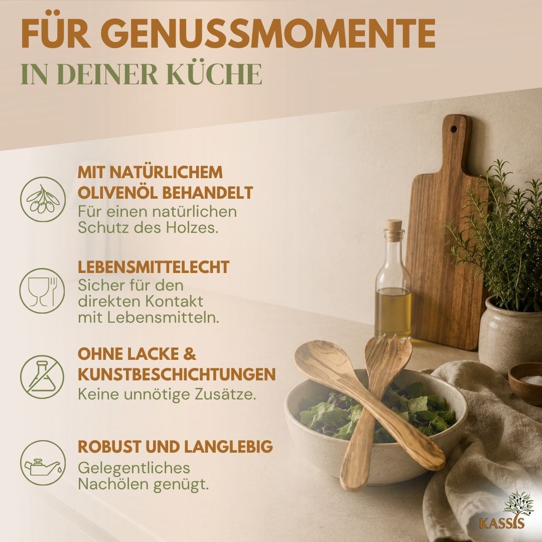 Salatbesteck aus Olivenholz 2-teilig | Salatlöffel & Salatgabel aus Holz Handgefertigtes Servierbesteck